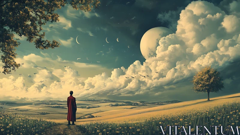 Figure in red coat studies surreal sky over rolling fields