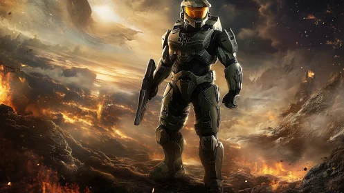 Armored sci fi supersoldier in volcanic warzone environment