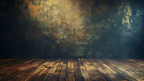 Photorealistic rustic studio with aged wall and timber floor.