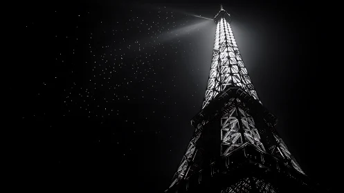 Illuminated Eiffel Tower in stark black and white night sky