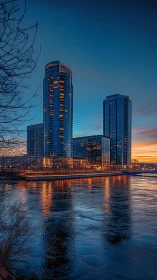 Glow of riverside city towers in the soft blue evening light.