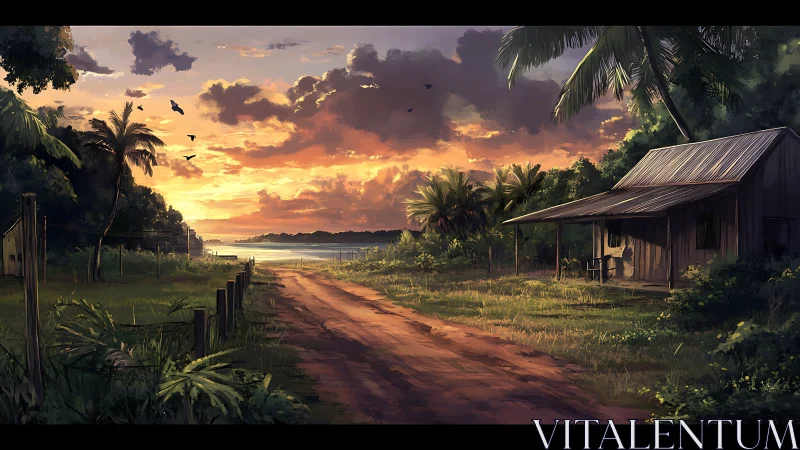 Sunset over rural dirt road and tropical riverside home.