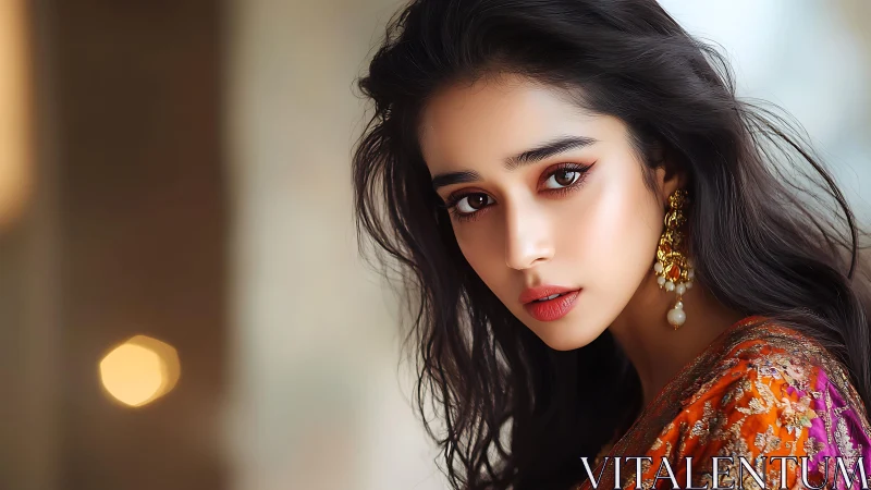 Soft-lit portrait captures poised woman in ornate attire