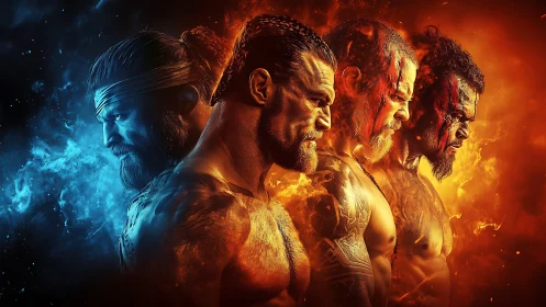 Four fiery warriors stand between blazing ice and flame.