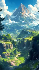 Sunlit mountain valley where winding paths meet clouds.