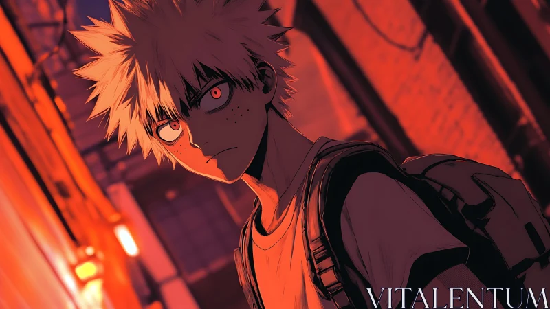 Spiky haired teen walks tense through red lit city alley