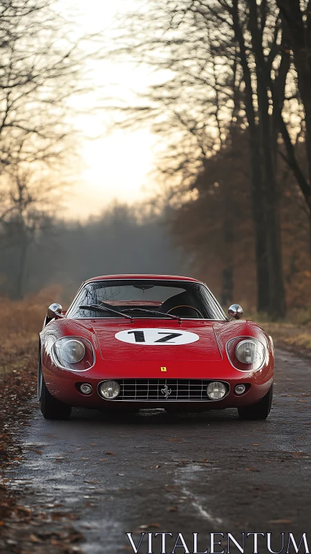 Classic red race car pauses on misty forest road at dawn.