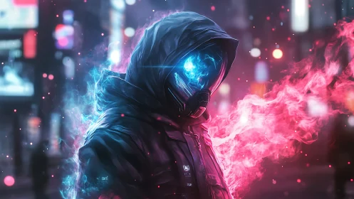 Neon-hooded cyber specter amid glowing vapor trails.