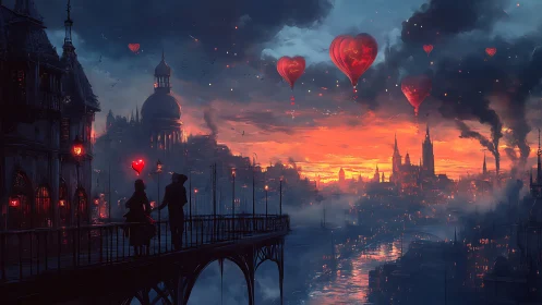 Lovers Lost in Neon Dreams: Urban Skyline of Glowing Hearts