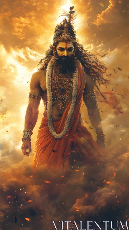 Mythic warrior sage in blazing saffron amid swirling embers