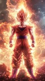 Stylized warrior stands amid vertically oriented surrounding flames