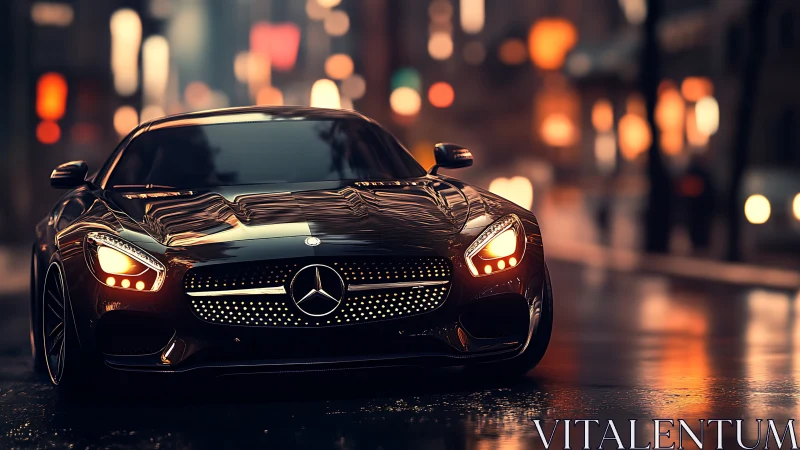Black sports coupe on wet city street at night.
