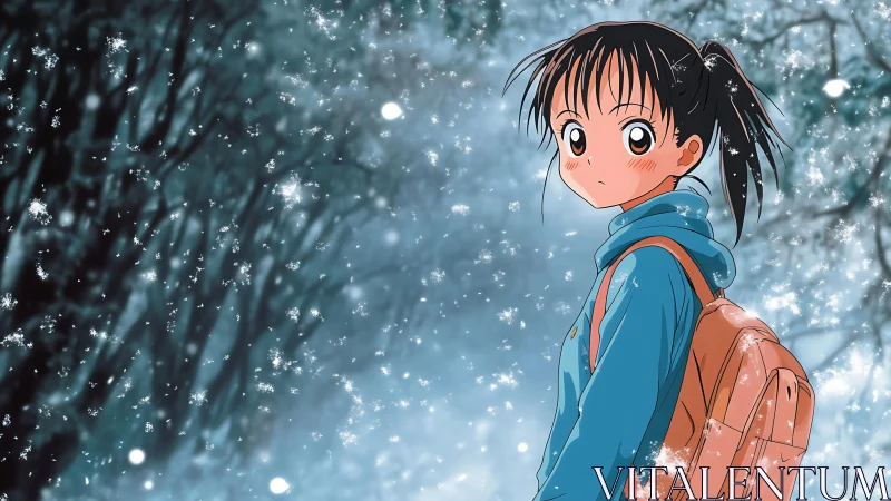 Snowlit schoolgirl pauses in a hush of falling constellations.