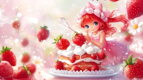 Strawberry cake fairy girl in dreamy pink sparkle world.