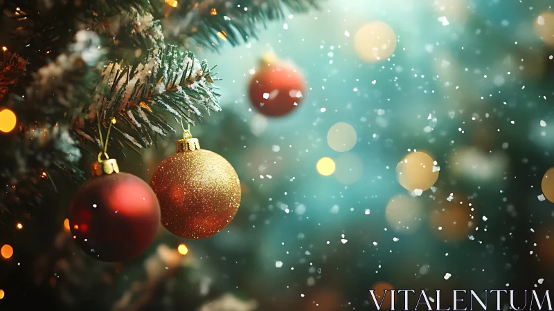 Red and gold ornaments on snow covered evergreen branch.