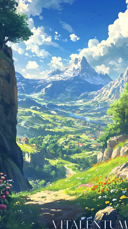 Sunlit mountain valley path into a bright, storybook summer.