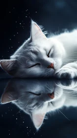 White cat's serene profile with reflection and bokeh particles.