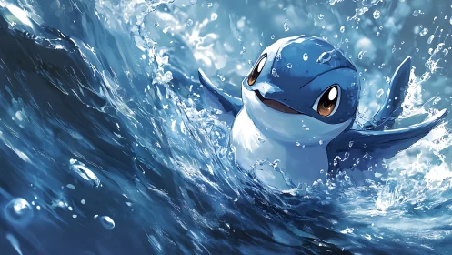 Playful blue sea creature splashes through crystal waves.