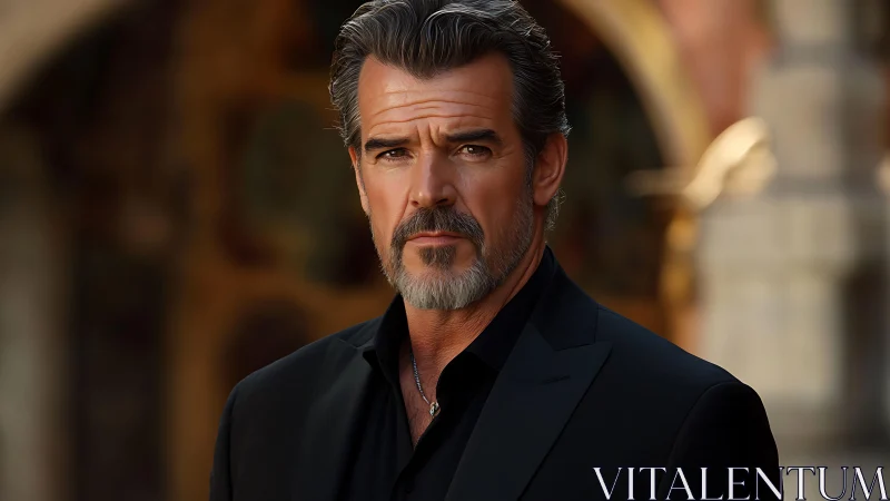 Mature bearded man in formal black suit, shallow depth portrait.