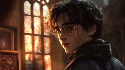 Young figure with glasses near stained glass window interior.