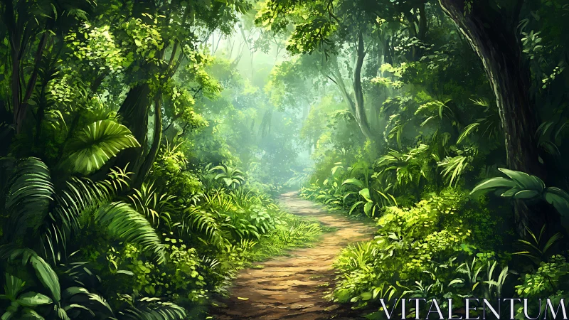 Dense forest pathway with filtered light penetration through vegetation canopy.