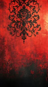 Ornate black damask floats over distressed red wall.