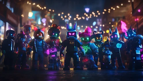 Neon-lit block characters in rainy urban alley at night.