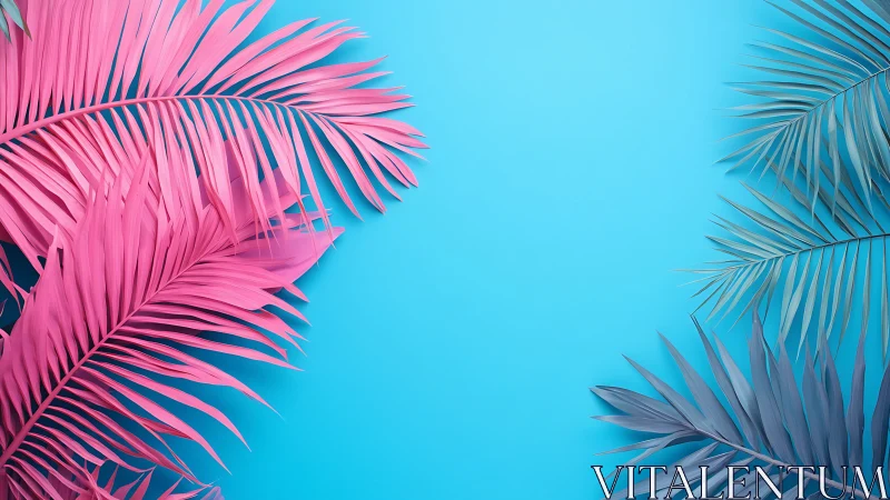 Neon palm leaves framing bright cyan summer backdrop.