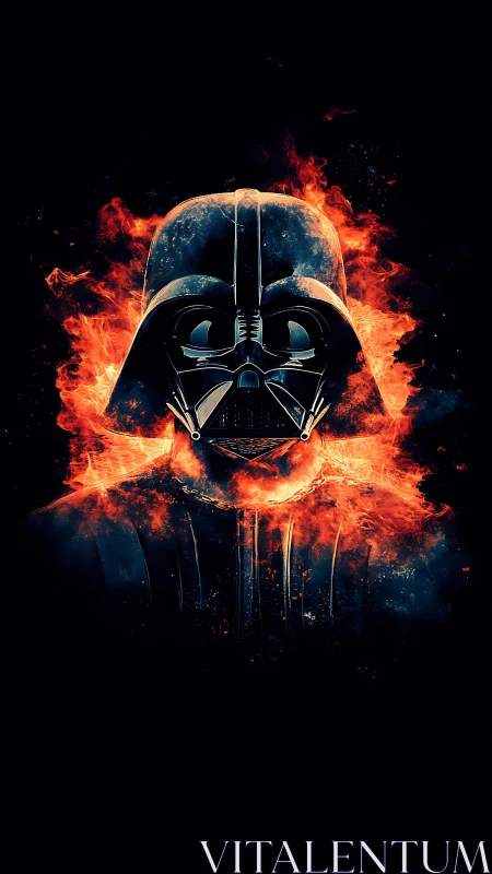 Dark armored helmet silhouette encircled by vivid fire