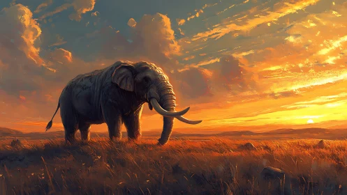 Digital painting of lone elephant in luminous savanna sunset.