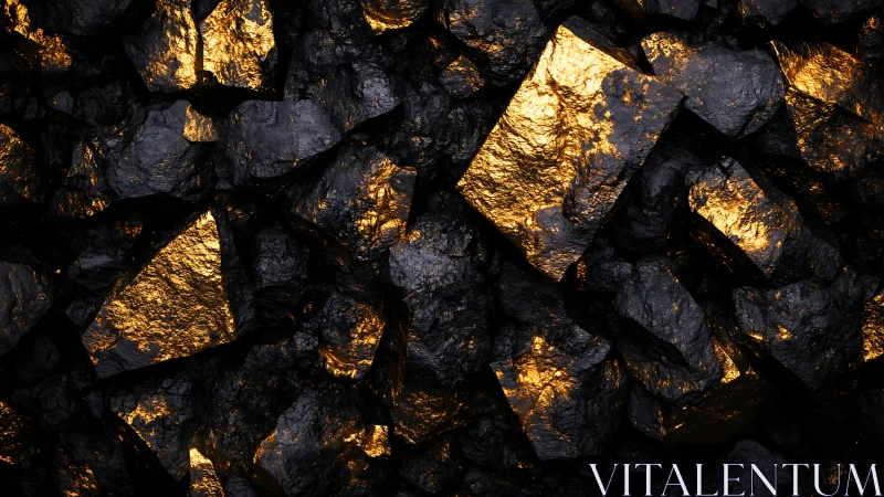 Dark textured rock masses expose angular illuminated facets