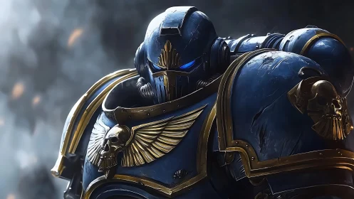 3D armored space warrior with gothic gold heraldry detail.