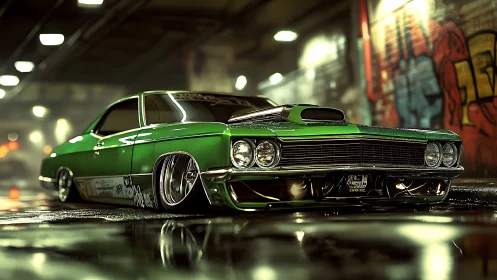 Low-slung turbo muscle car in reflective neon tunnel environment.