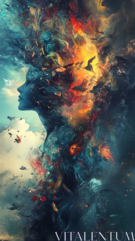 Cosmic female silhouette dissolving into fiery nebula clouds.