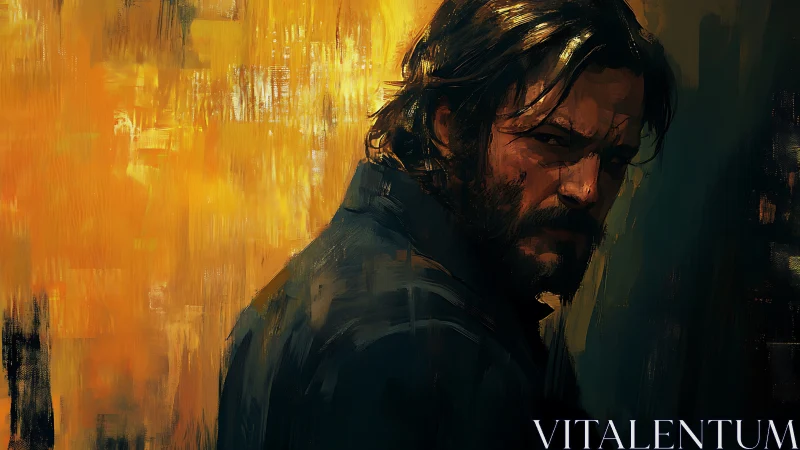 Brooding bearded man turns in molten golden shadow light