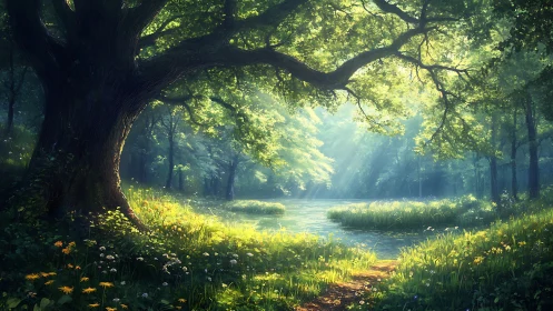 Sunlit Forest Clearing with Tranquil Pond in Dreamy Art Style.