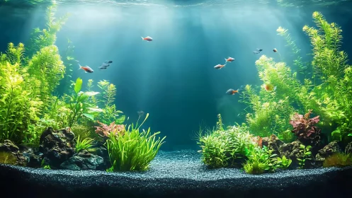 Sunbeam-curtained aquarium fish drift through emerald forests
