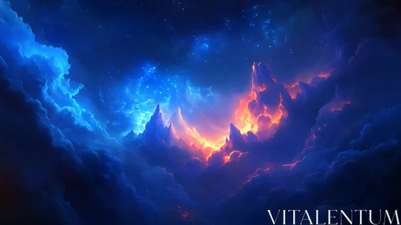 Luminous cosmic clouds with blue and orange nebula forms.