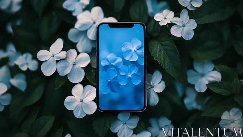 Smartphone Display with Blue Floral Wallpaper Surrounded by White Lisianthus