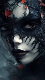 Female face with dark organic mask and autumn leaves.