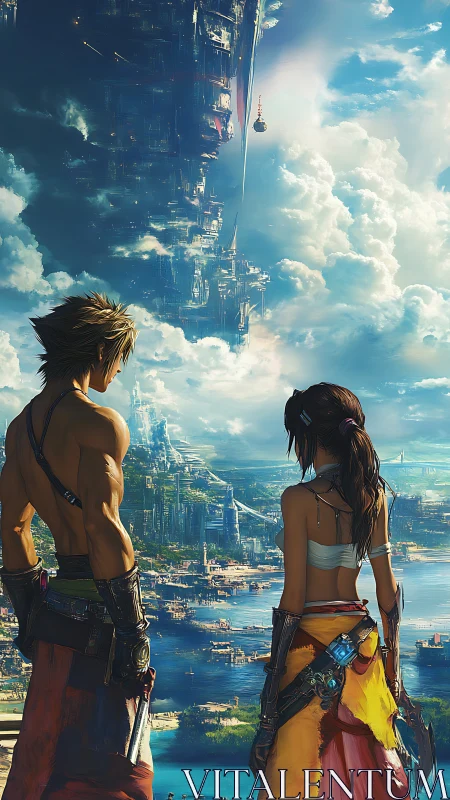 Skybound citadel above, seaside wanderers below in wonder.