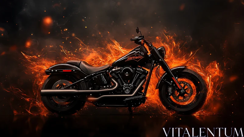 Fire-forged black motorcycle blazing through liquid flame.