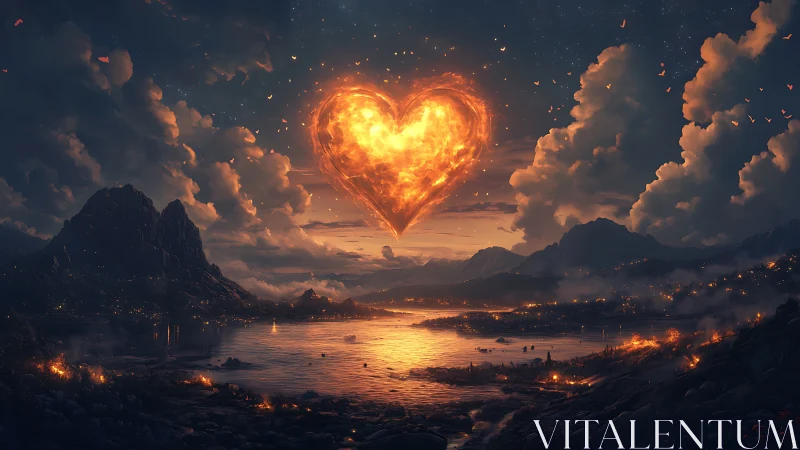 Luminous heart-shaped formation above landscape at night