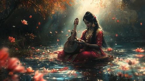 Gentle river goddess with lute amid drifting lotus petals.