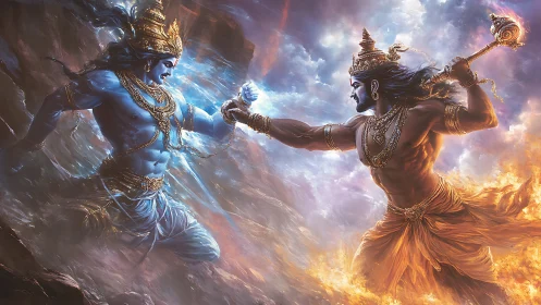 Mythic dual-element deities locked in dynamic combat tableau.