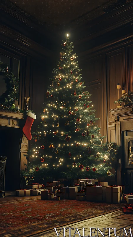 Illuminated Christmas tree stands in a wood-paneled interior