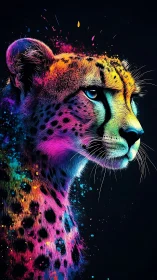 Neon Cheetah Portrait: Vibrant Digital Rendering with Prismatic Splatter Effects.
