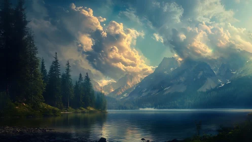 Mountain lake under dense clouds with forest shoreline.