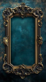 Baroque ornate gold frame surrounds teal textured void