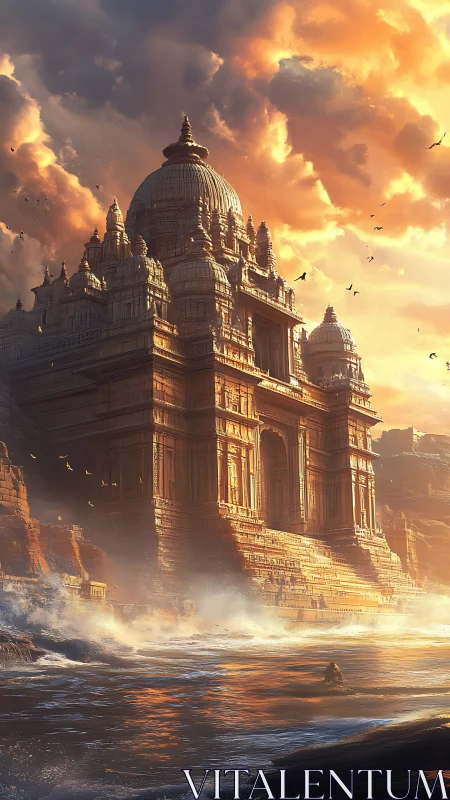 Storm-kissed cliffside temple glows under a blazing sky.